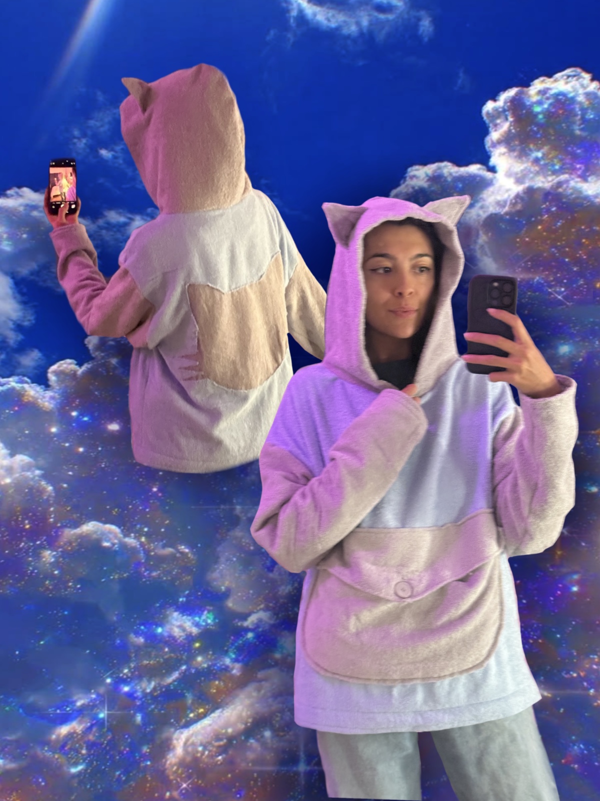 Front and back mirror selfie in a pastel cat-eared hooded fleece, over a starry cloud backdrop